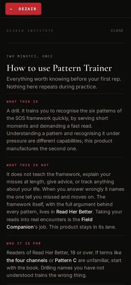 Pattern Trainer instructions screen